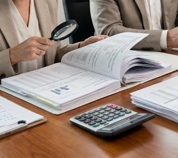 Person reviewing financial documents with a magnifying glass at a desk, with a calculator and paperwork visible.