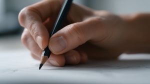Close-up of a hand writing with a pencil on paper.